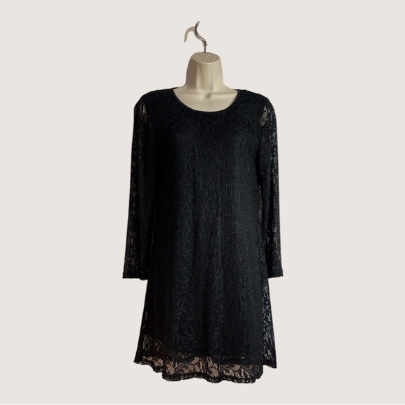 Lace Black Cocktail Party Dress Fully Lines Mini 3-4 Sleeves Pullover Petite S - Picture 1 of 6